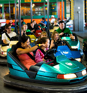 Families riding bumper cars