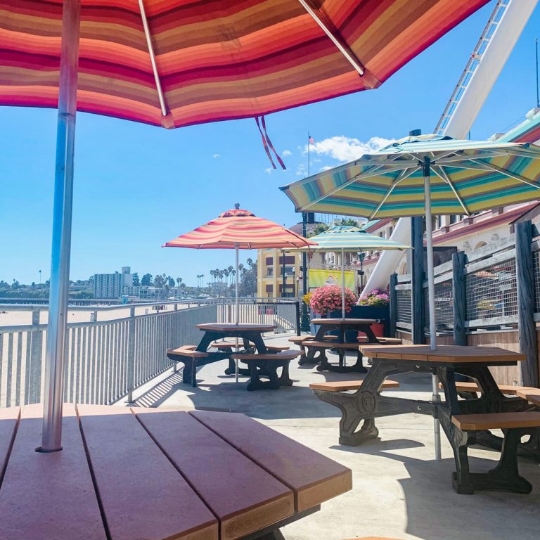 Patio with tables and umbrellas